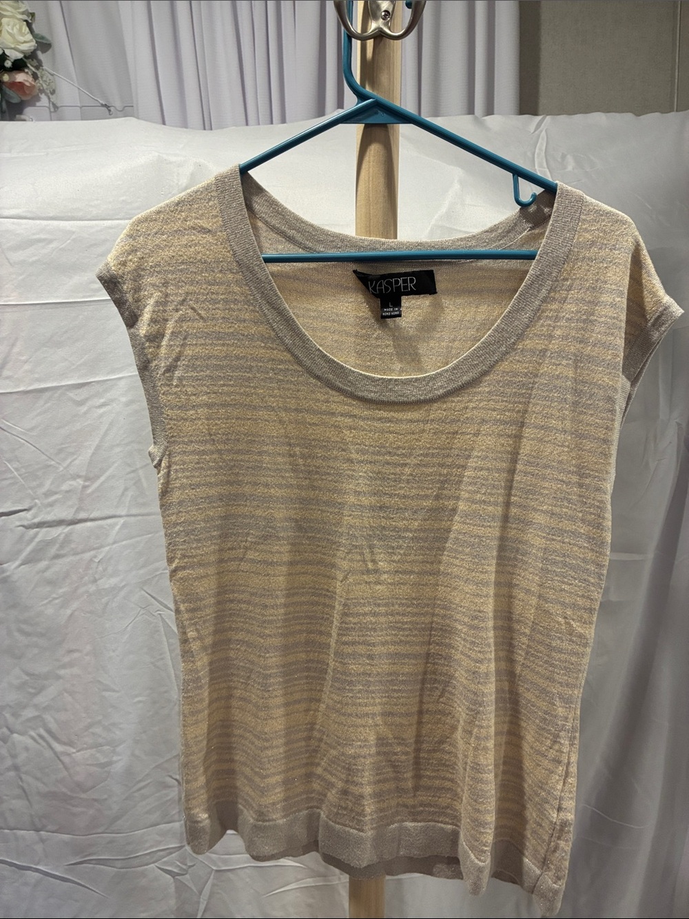 Kasper Beige, Cream and metallic Striped Cap-Sleeve Knit Tank